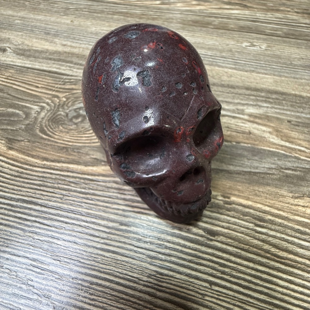 Plum Flower Stone Skull Carving Burgundy Red Spotted Crystal Figurine 3.25"